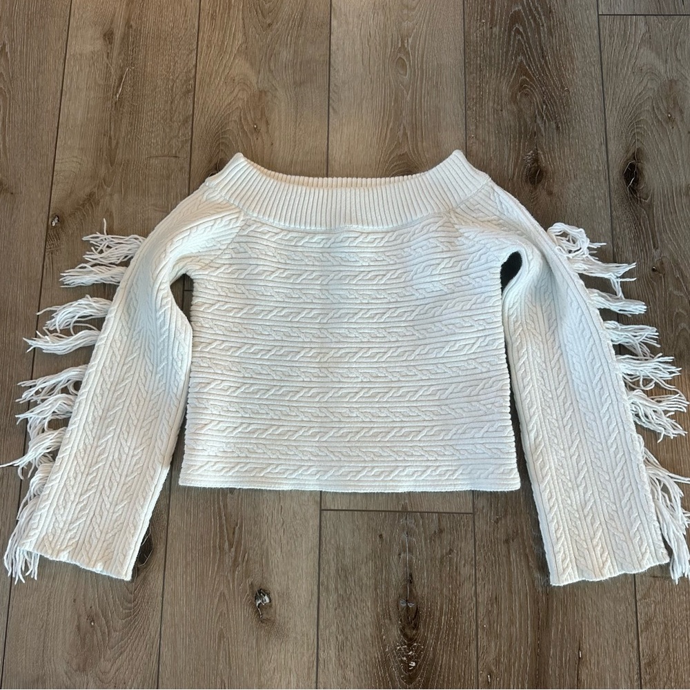 RACHEL Rachel Roy Off-the-Shoulder White Cable Knit Sweater Western Fringe XS